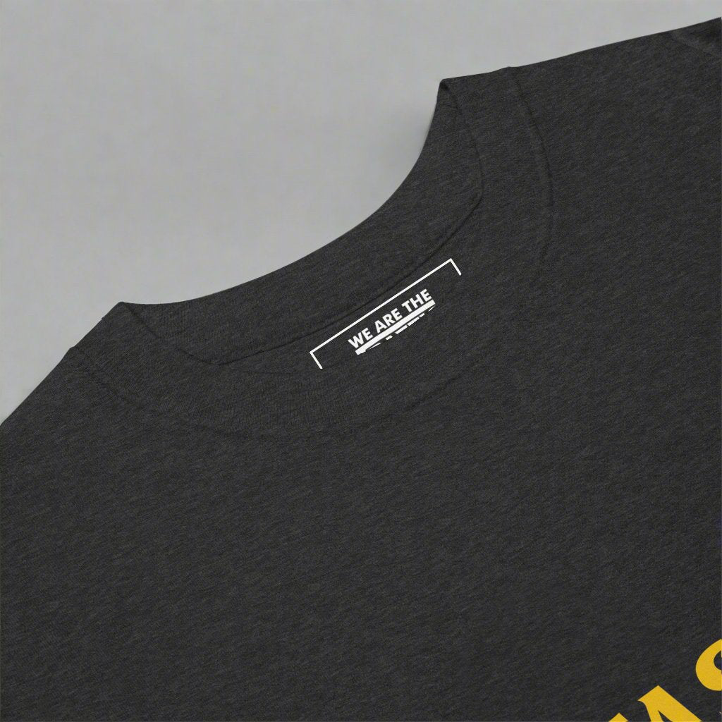 Closeup of a charcoal gray t-shirt collar