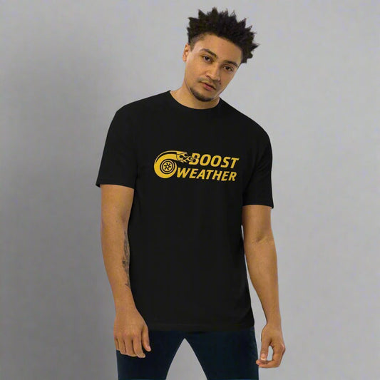 male model wearing black boost weather car quote t-shirt
