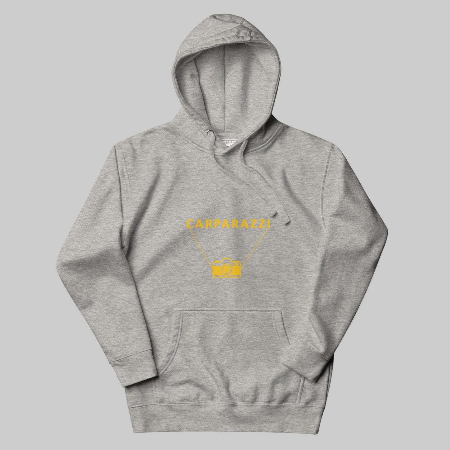 Gray hoodie with yellow text and design on a gray background