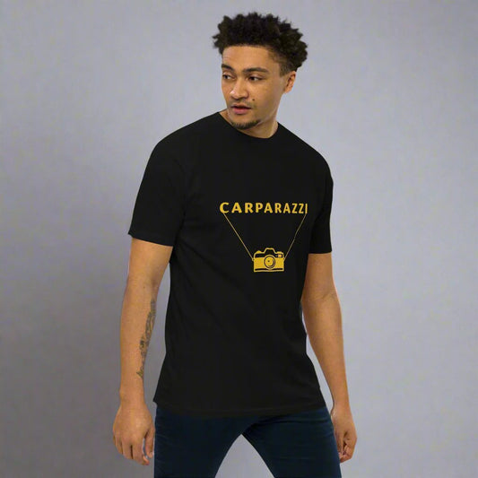 Black t-shirt with yellow carparazzi and camera design model