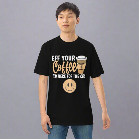 Man wearing black cars over coffee quote tshirt.