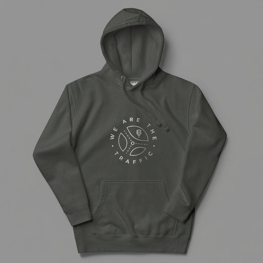 Dark gray hoodie with 'We Are The Traffic' text and logo on a gray background