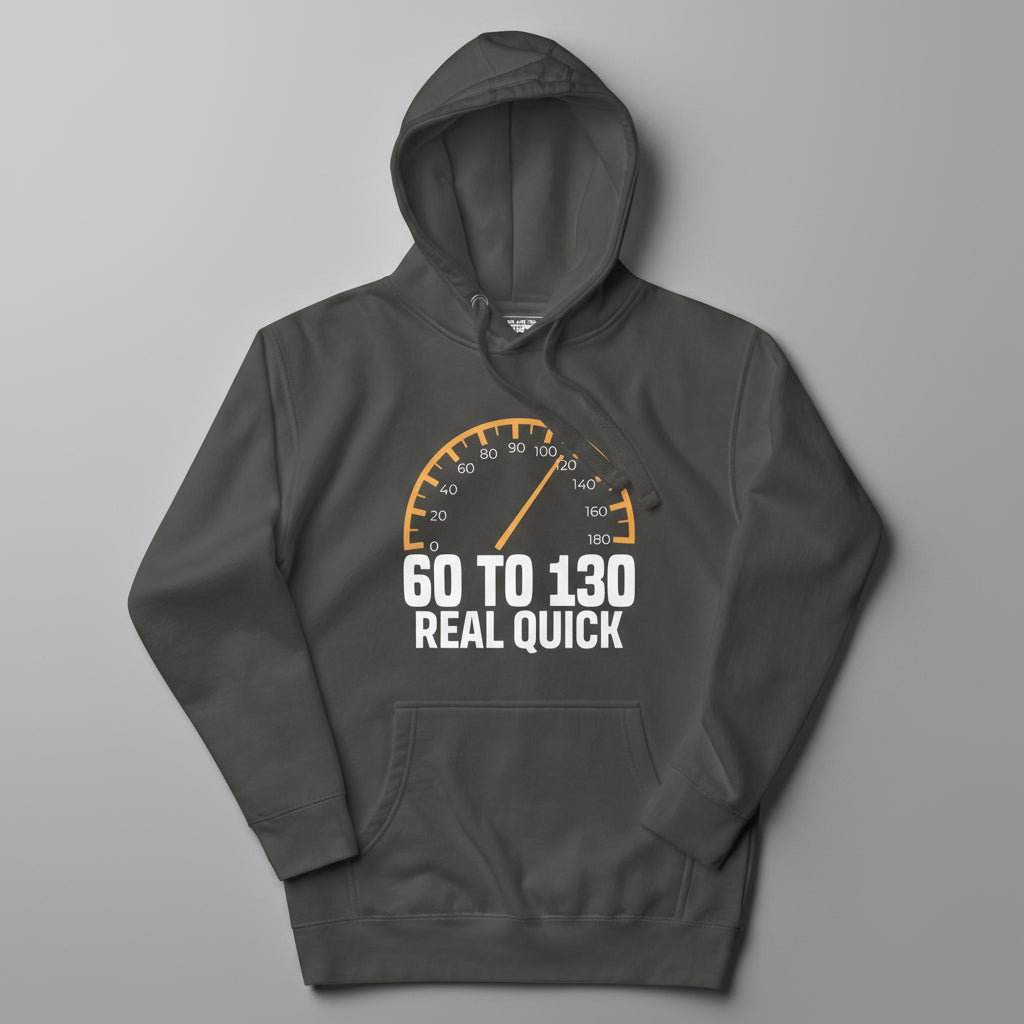 Dark gray hoodie with a speedometer graphic and text on a white background