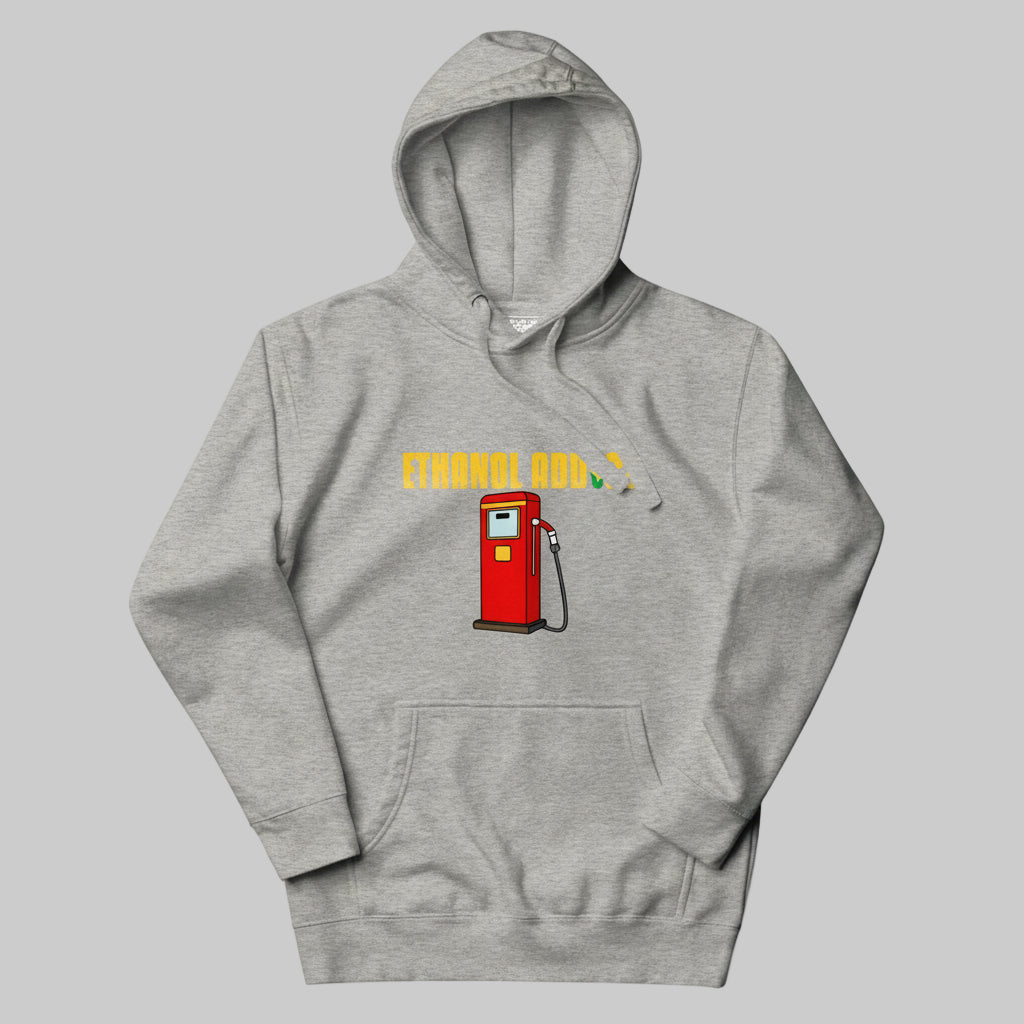 Gray hoodie with a red gas pump graphic and text on a white background