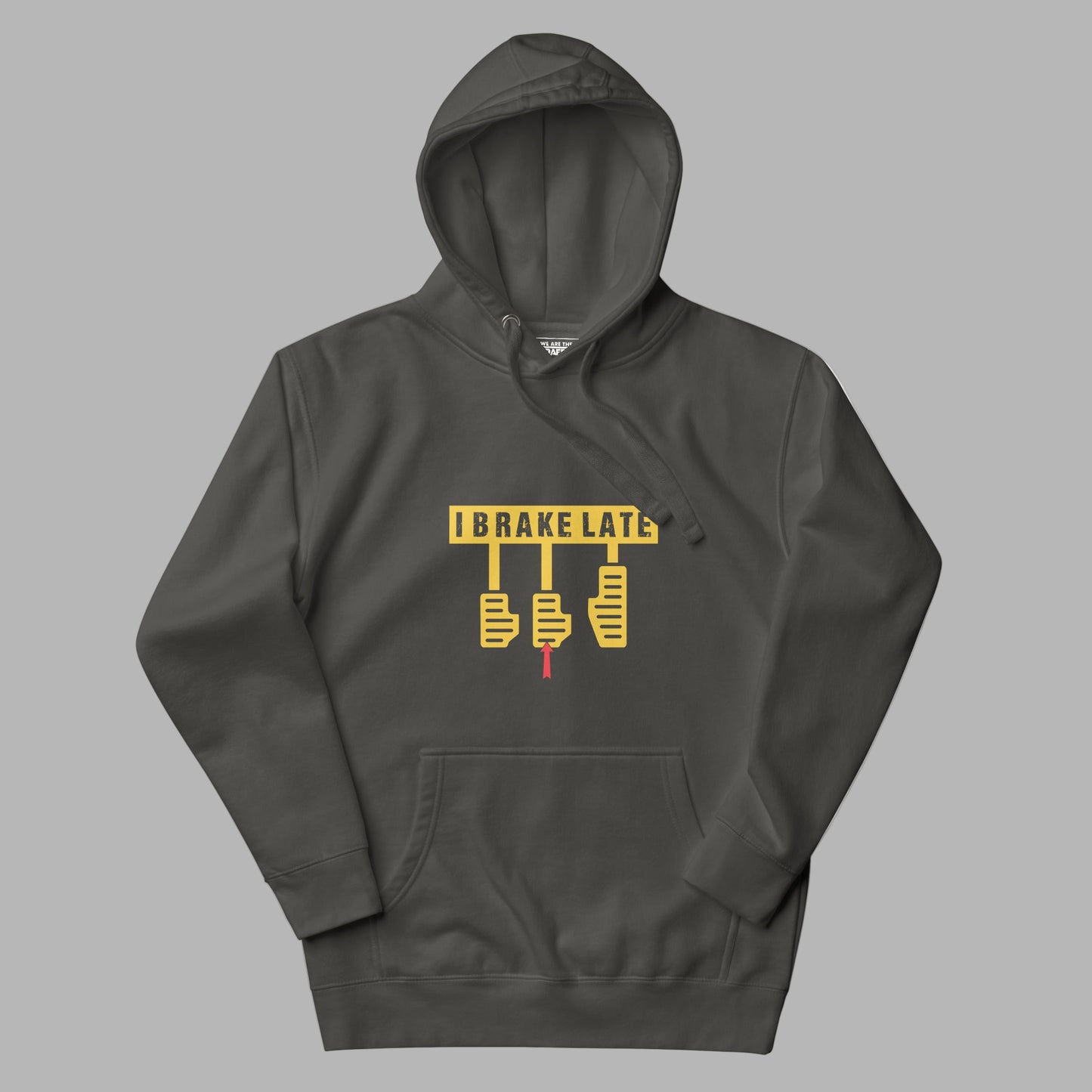 Dark gray hoodie with yellow graphic design on a white background