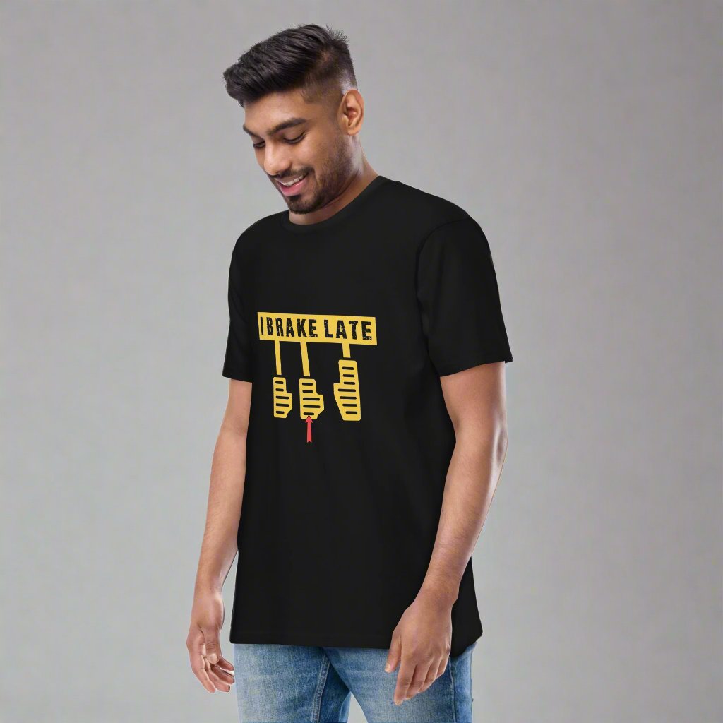male model in black t-shirt with gold i brake late design
