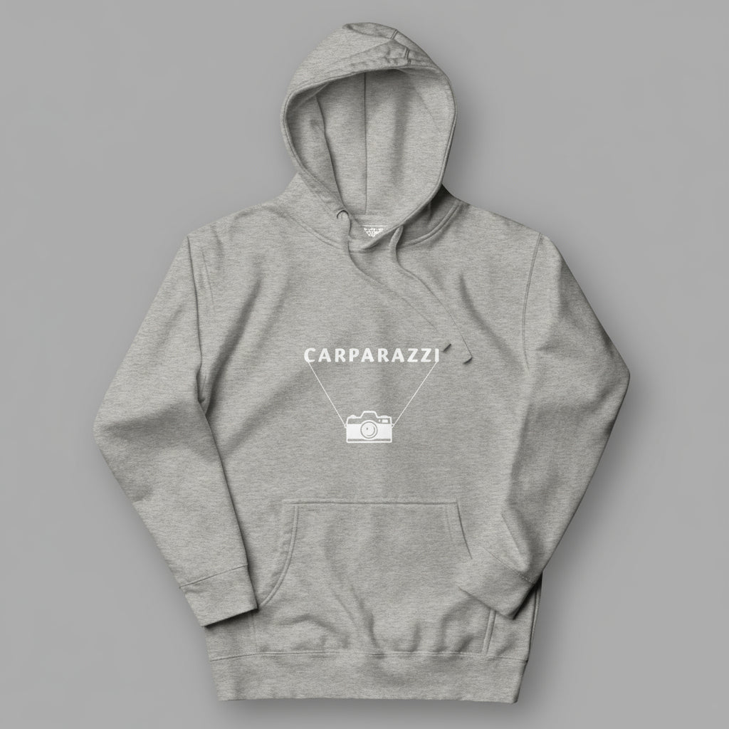 Gray hoodie with white 'CARPARAZZI' and camera logo on a gray background