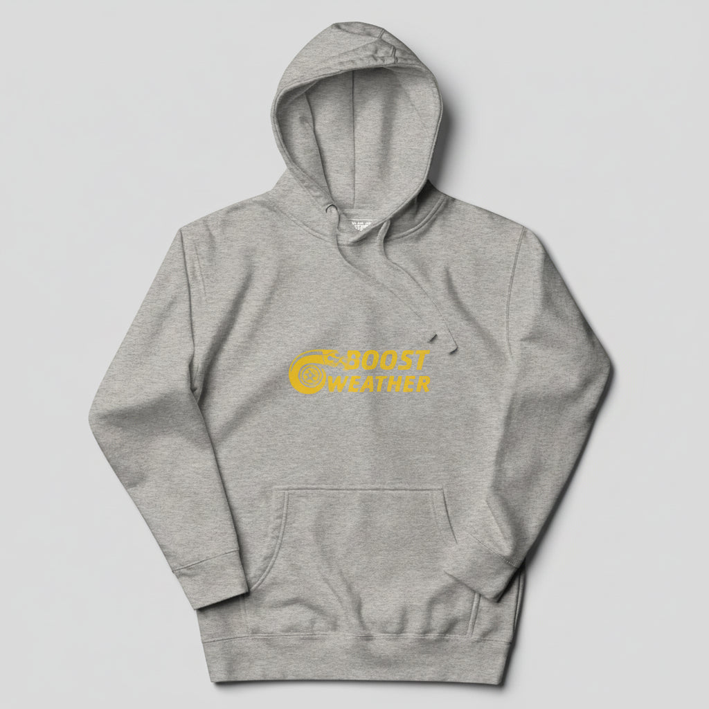 Gray hoodie with a yellow logo on a gray background