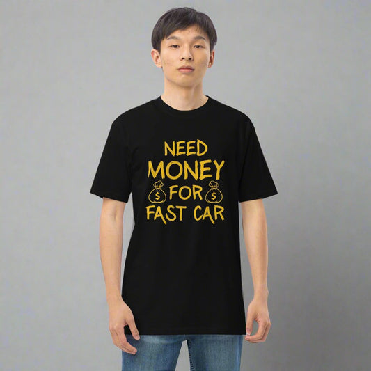 Male model in black t-shirt with need money for fast car design