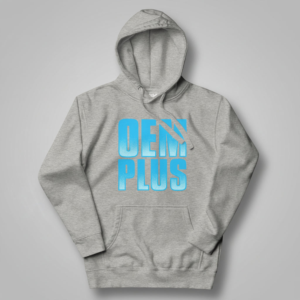 Light gray hoodie with blue 'OEM PLUS' text on a gray background