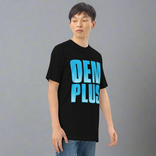 man wearing black tshirt with blue oem plus design
