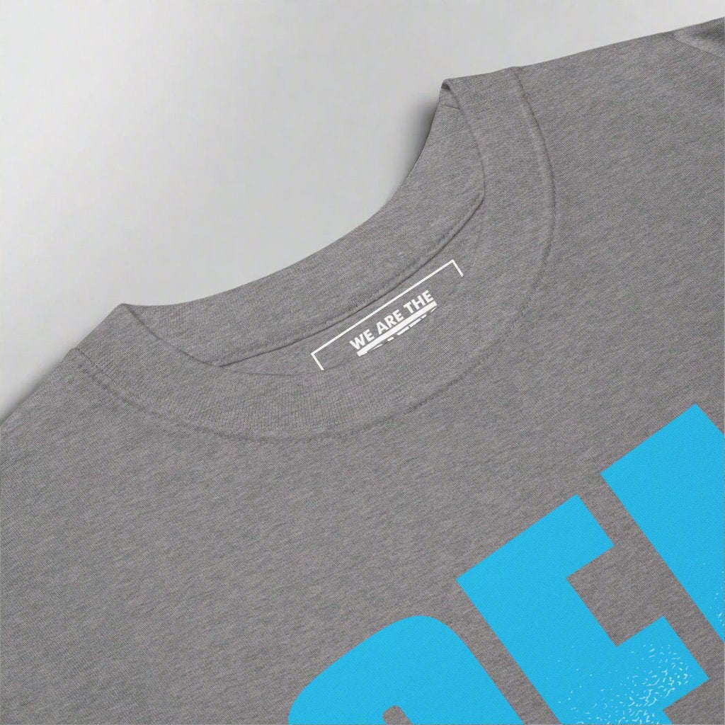 closeup of gray tshirt with blue oem plus design