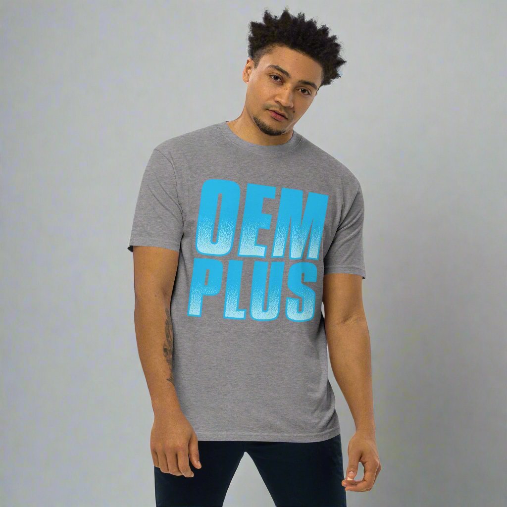 man wearing gray oem plus t-shirt