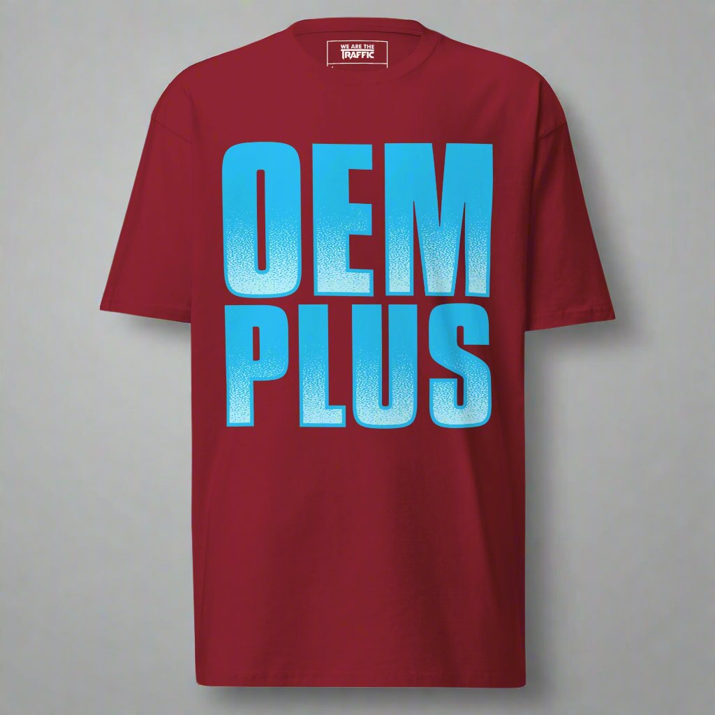 red t-shirt with blue oem plus writing