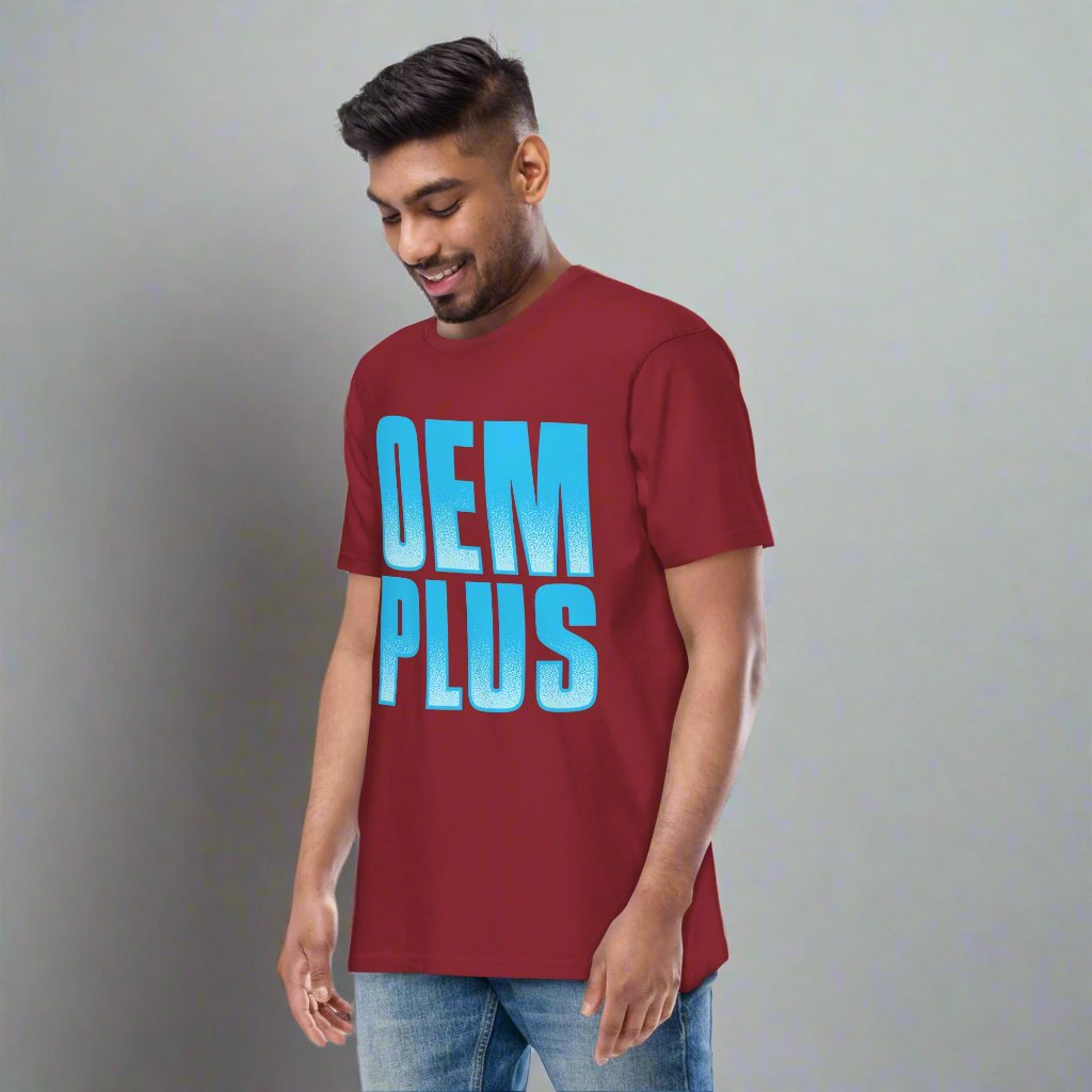 man wearing red t-shirt with oem plus design