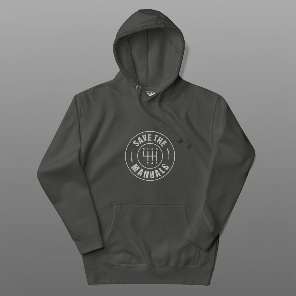 Dark gray hoodie with 'Save the Manuals' logo on a gray background