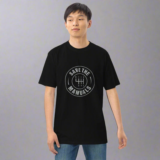Man wearing black t-shirt with gray save the manuals design