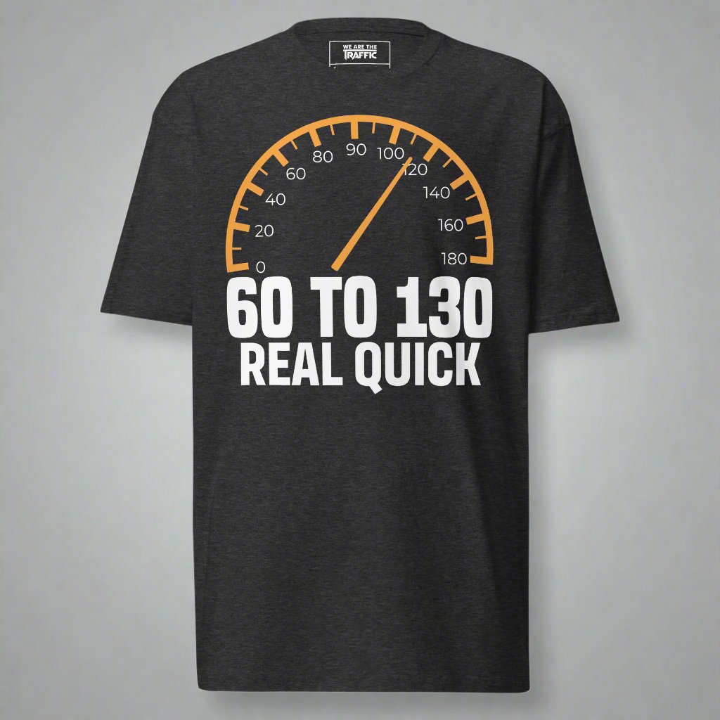 Charcoal gray tshirt with speedometer and car quote design