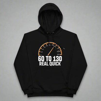 Black hoodie with speedometer and car slogan design.