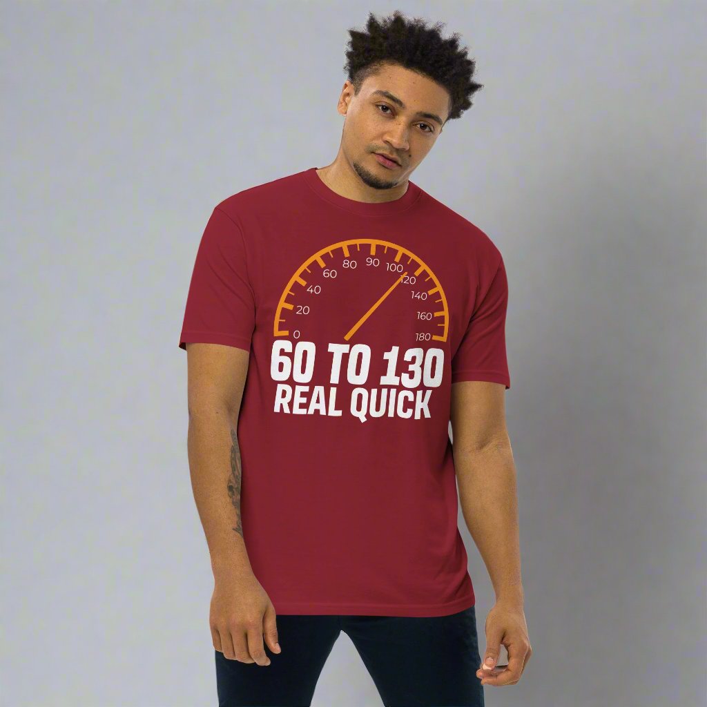 Man wearing red tshirt with speedometer and car quote design 