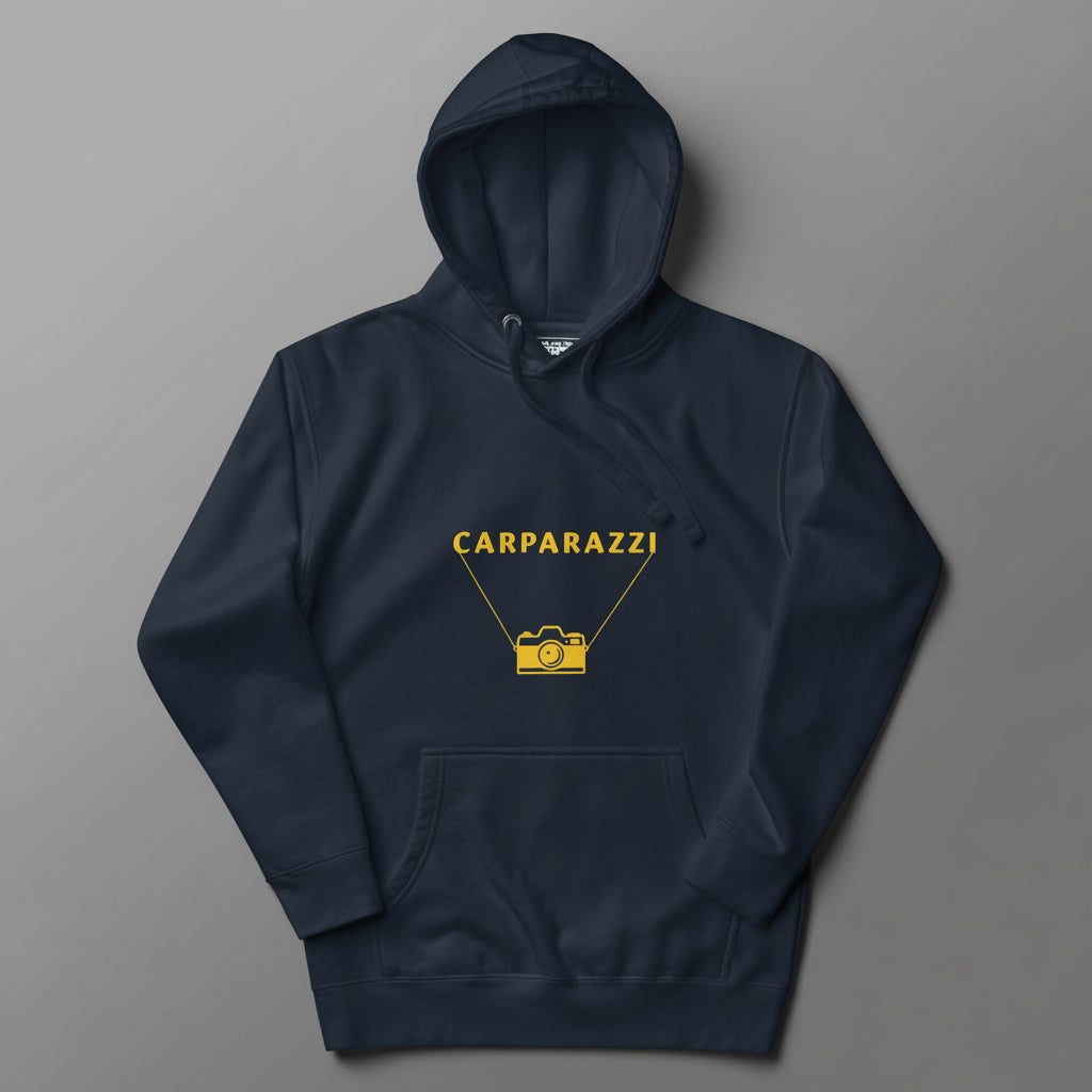 Navy blue hoodie with yellow 'CARPARAZZI' logo and camera design on a gray background