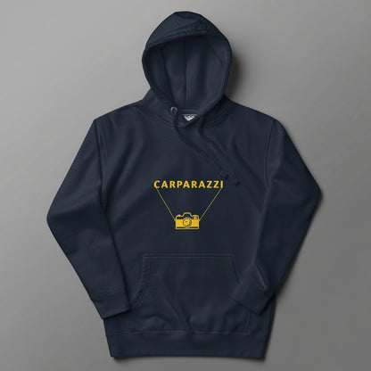 Navy blue hoodie with yellow 'CARPARAZZI' logo and camera design on a gray background