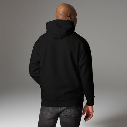 Person wearing a black hoodie from behind on a grey background