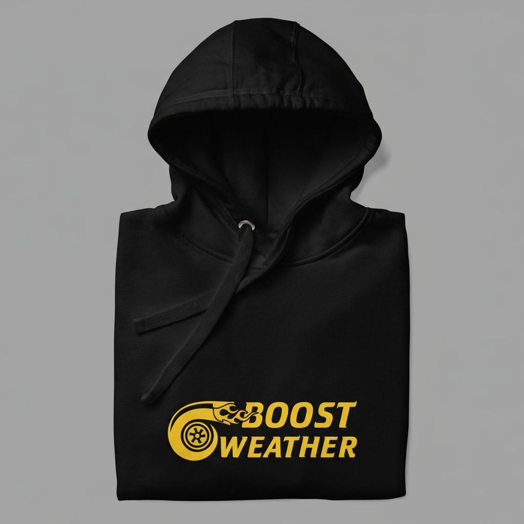 Product shot of the black hoodie with boost weather gold design
