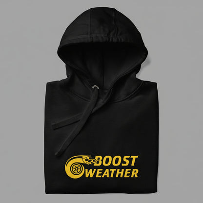 Product shot of the black hoodie with boost weather gold design