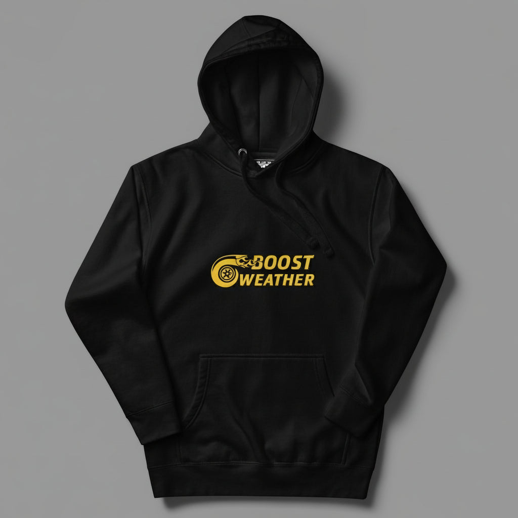 black hoodie with gold boost weather car quote design