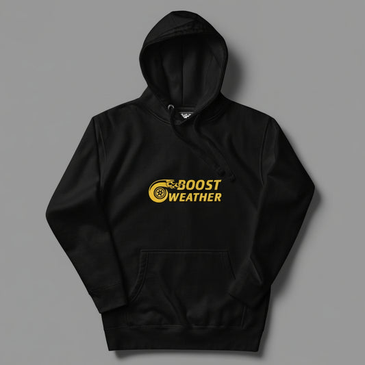 black hoodie with gold boost weather car quote design