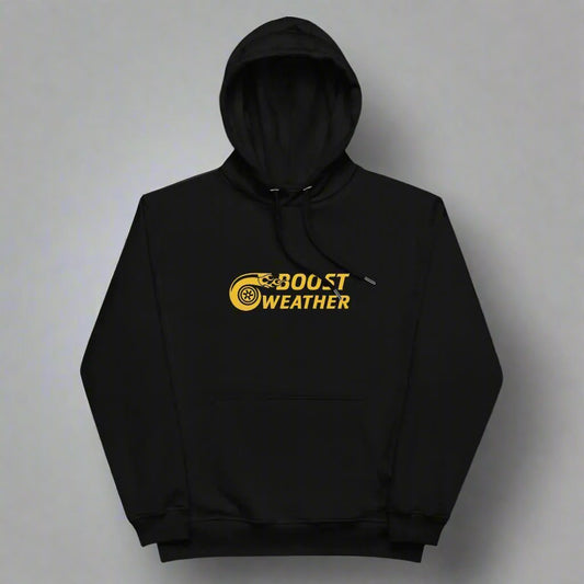 black hoodie with gold boost weather car quote design