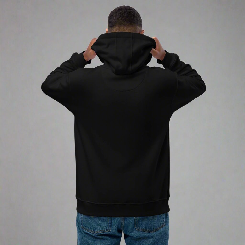 male model showing back of black boost weather hoodie