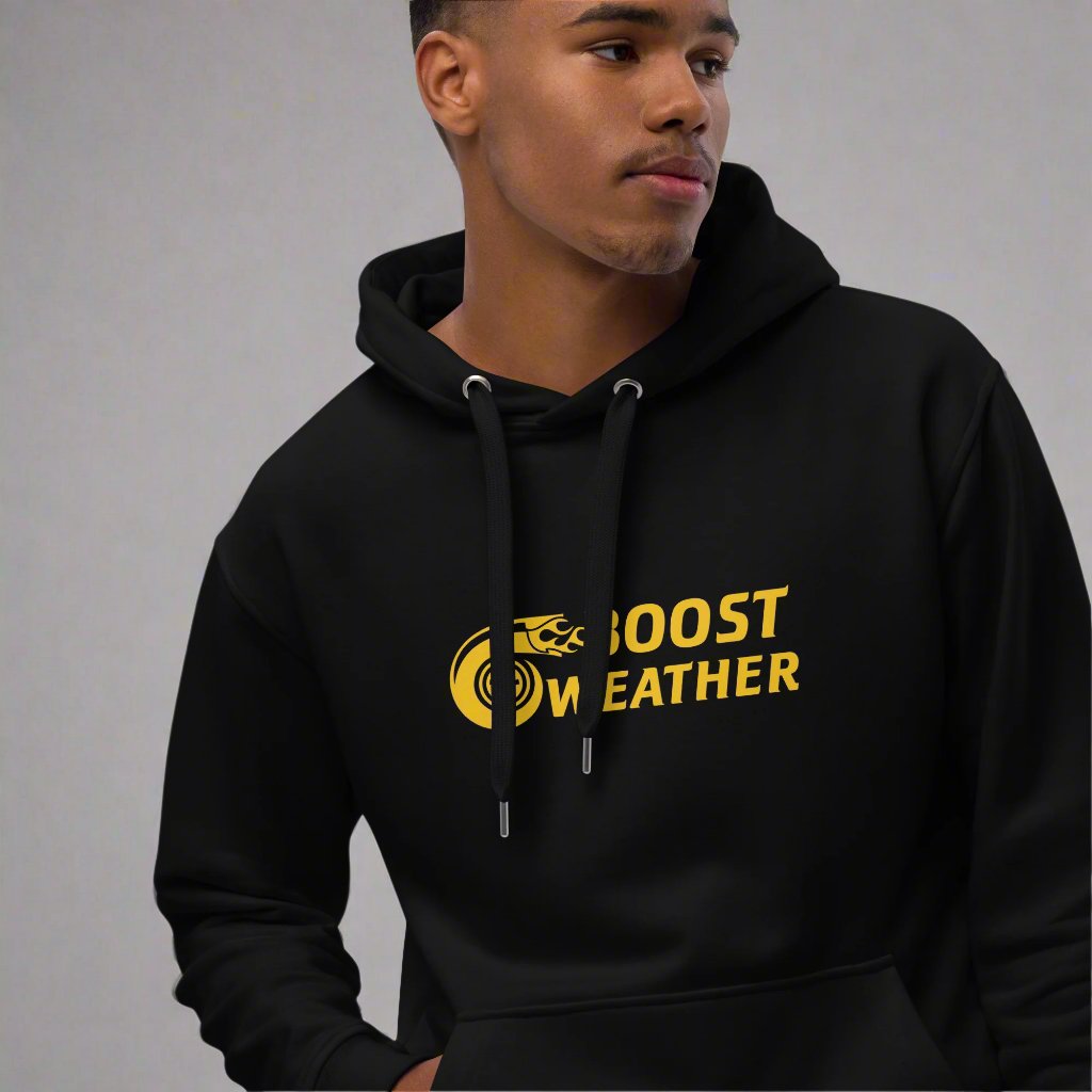 Model wearing black hoodie with boost weather gold design