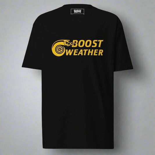 black t-shirt with gold boost weather car quote design