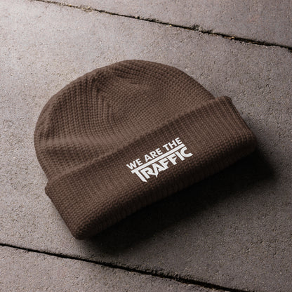 brown beanie with white logo