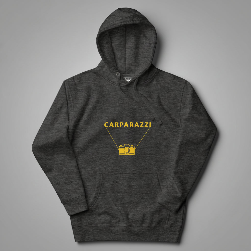 Dark gray hoodie with yellow 'CARPARAZZI' logo on a gray background