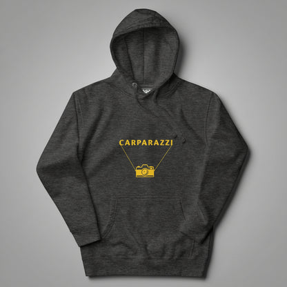 Dark gray hoodie with yellow 'CARPARAZZI' logo on a gray background