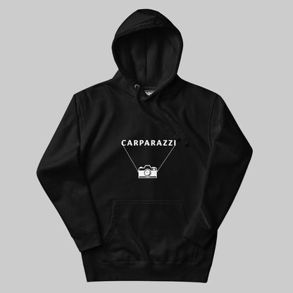 Black hoodie with 'CARPARAZZI' logo on a gray background