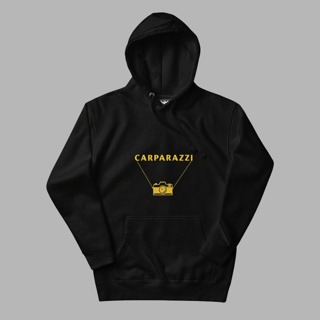 Black hoodie with yellow 'CARPARAZZI' logo on a gray background