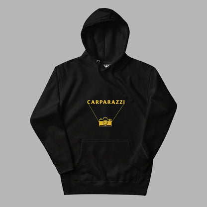 Black hoodie with yellow 'CARPARAZZI' logo on a gray background