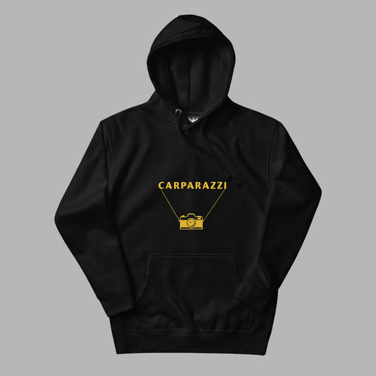 Black hoodie with yellow 'CARPARAZZI' logo on a gray background
