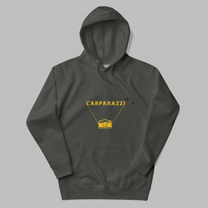 Dark gray hoodie with yellow 'CARPARAZZI' logo and camera design on a gray background