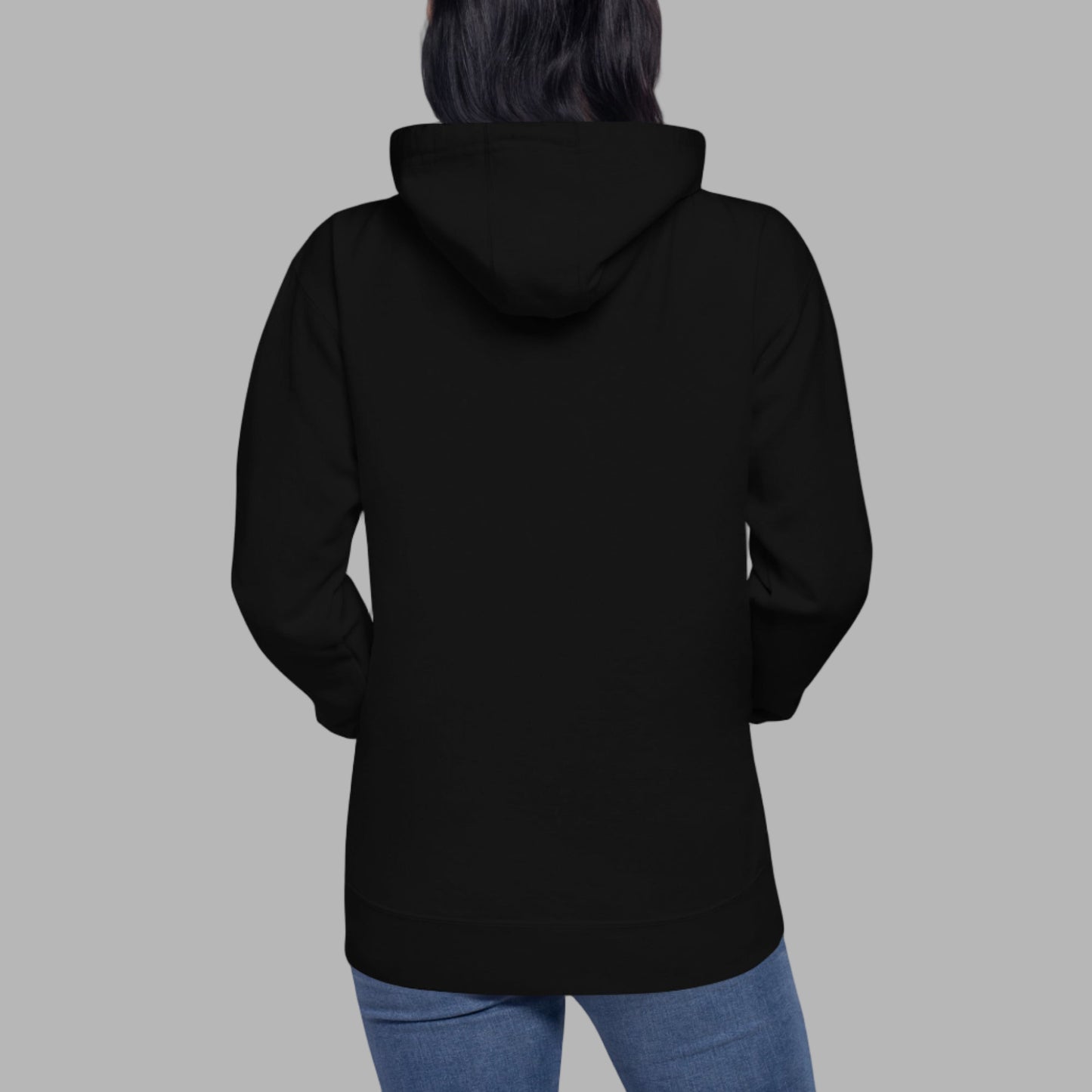 Black hoodie worn by a person on a white background
