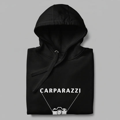 Black hoodie with white 'CARPARAZZI' logo and camera graphic