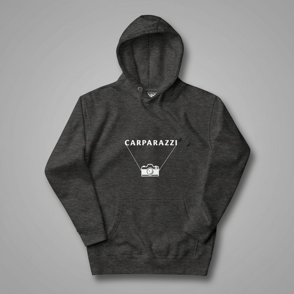 Dark gray hoodie with 'CARPARAZZI' design on a gray background