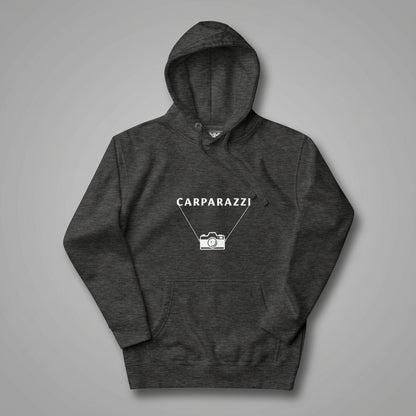 Dark gray hoodie with 'CARPARAZZI' design on a gray background