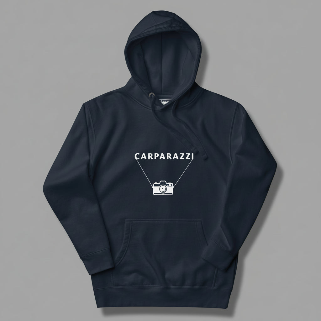 Navy blue hoodie with 'CARPARAZZI' logo on a gray background