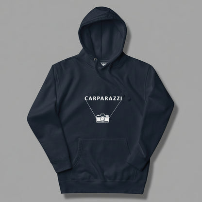 Navy blue hoodie with 'CARPARAZZI' logo on a gray background