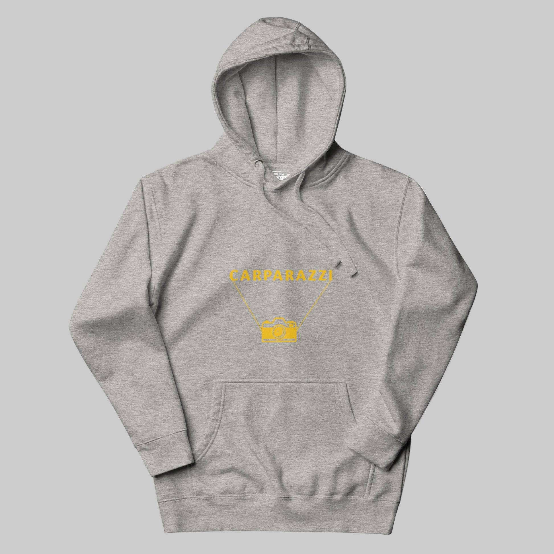 Gray hoodie with yellow text and design on a gray background